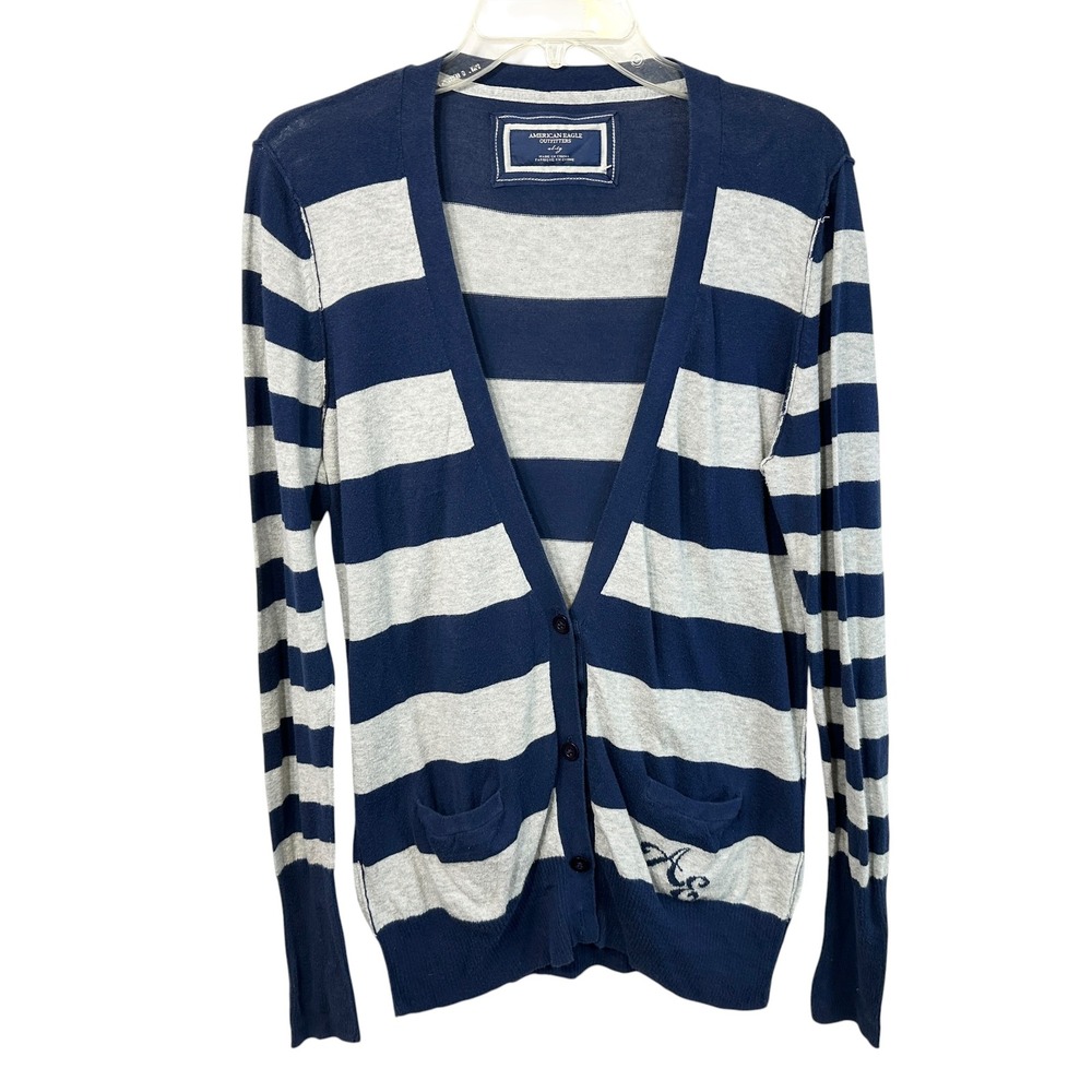 American Eagle XL Cardigan VTG Y2K Blue Gray Striped Deep V-Neck Preppy 877‎